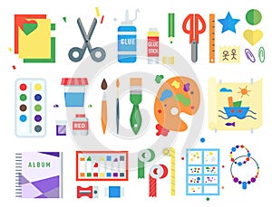 Themed kids creativity creation symbols poster in flat style with artistic objects for children art school fest unusual