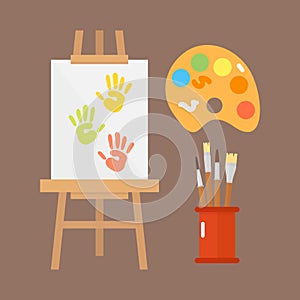 Themed kids creativity creation symbols poster in flat style with artistic objects for children art school fest unusual