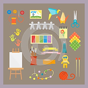Themed kids creativity creation symbols poster in flat style with artistic objects for children art school fest unusual