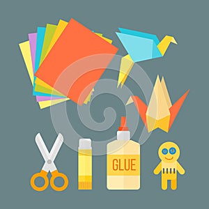 Themed kids origami creativity creation symbols poster in flat style with artistic objects for children art school fest