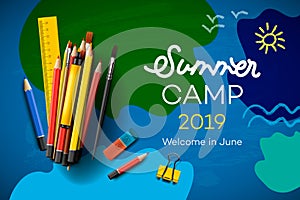 Themed Summer Camp poster 2019, creative and colorful banner, vector illustration.
