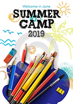 Themed Summer Camp poster 2019, creative and colorful banner, vector illustration.