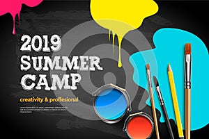 Themed Summer Camp poster 2019. Kids art craft, education, creativity class concept, vector illustration.