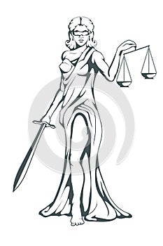 Themis - Ancient Greek goddess of justice. Hand drawn scales of justice. Symbols of the femida - justice, law, scales. Libra