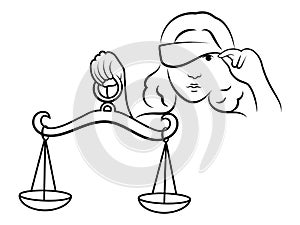 Themis looks at the scales. Black and white vector illustration of a femida that violates justice. The symbol of