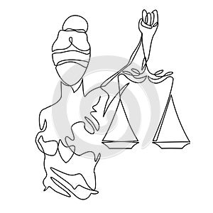 Themis statue holding scales balance continuous one line vector drawing. Symbol of justice, law and order.