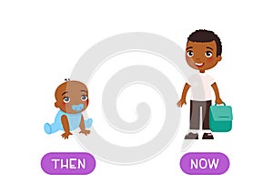 THEN and NOW antonyms word card vector template, Opposites concept