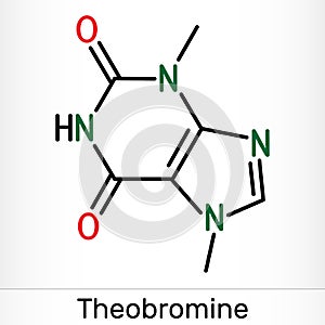 Theobromine, dimethylxanthine, purine alkaloid C7H8N4O2 molecule. It is xanthine alkaloid in the cacao bean. Skeletal chemical photo