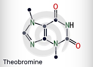 Theobromine, dimethylxanthine, purine alkaloid C7H8N4O2 molecule. It is xanthine alkaloid in the cacao bean. Skeletal chemical photo