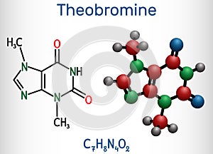 Theobromine, dimethylxanthine, purine alkaloid C7H8N4O2 molecule. It is xanthine alkaloid in the cacao bean. Structural chemical