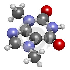 Theobromine (xantheose) chocolate alkaloid molecule. Present in cacao, tea, etc. Also used as drug. Atoms are represented as