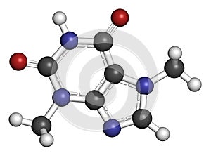 Theobromine (xantheose) chocolate alkaloid molecule. Present in cacao, tea, etc. Also used as drug. Atoms are represented as