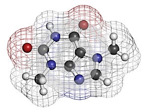 Theobromine (xantheose) chocolate alkaloid molecule. Present in cacao, tea, etc. Also used as drug. Atoms are represented as