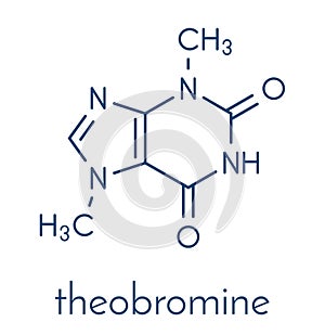 Theobromine xantheose chocolate alkaloid molecule. Present in cacao, tea, etc. Also used as drug. Skeletal formula.