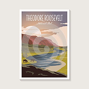 Theodore Roosevelt National Park poster illustration, beautiful river scenery poster