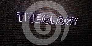 THEOLOGY -Realistic Neon Sign on Brick Wall background - 3D rendered royalty free stock image