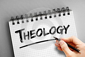Theology text on notepad, concept background