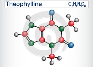 Theophylline or 1,3-dimethylxanthine molecule. It is purine alkaloid, dimethylxanthine, xanthine derivative. Vasodilator,
