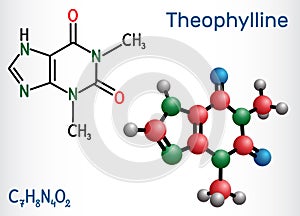 Theophylline or 1,3-dimethylxanthine molecule. It is purine alkaloid, dimethylxanthine, xanthine derivative. Vasodilator,