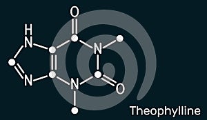 Theophylline, dimethylxanthine molecule. It is purine alkaloid, xanthine derivative. Vasodilator, antiinflammatory drug. Skeletal photo
