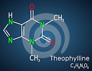 Theophylline or 1,3-dimethylxanthine molecule. Purine alkaloid, dimethylxanthine, xanthine derivative. Vasodilator, asthmatic, photo