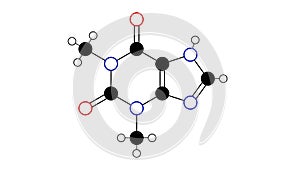 theophylline molecule, structural chemical formula, ball-and-stick model, isolated image inhibits phosphodiesterase