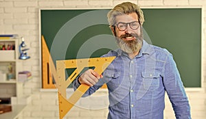 Theorem. Talented teacher. Math subject. Geometry and algebra. Science concept. Mature bearded teacher in glasses