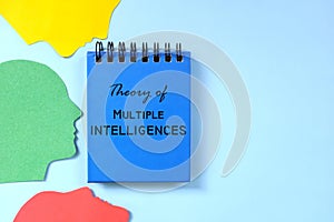 Theory of multiple intelligences concept. Word written on blue notepad with human head profile silhouette.