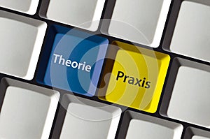 Theory or practice in German language Theorie oder Praxis on computer keyboard photo