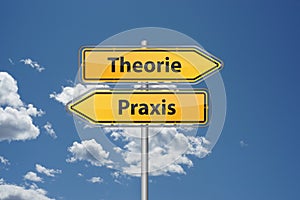 Theory or practice in German language Theorie oder Praxis on direction sign photo