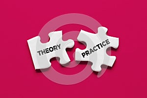 Theory and practice relationship or connection. Two puzzle pieces with the words theory and practice are connecting