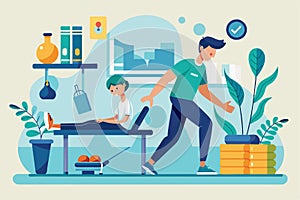 A therapist assists a patient with physiotherapy exercises in a bright, customizable flat environment, Phisiotherapy Customizable