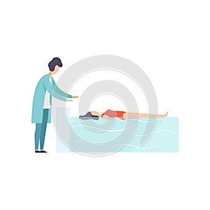 Therapist working with disabled female patient lying in swimming pool, medical rehabilitation, physical therapy activity