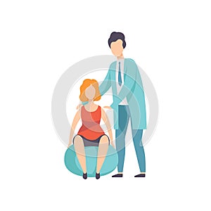 Therapist working with disabled woman and fitball, medical rehabilitation, physical therapy activity vector Illustration