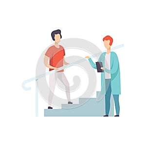 Therapist working with male patient climbing the stairs, medical rehabilitation, physical therapy activity vector