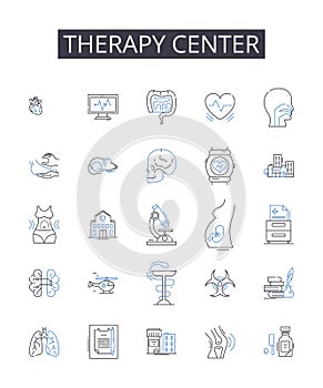 Therapy center line icons collection. Security, Reliability, Steadiness, Durability, Consistency, Resilience, Balance