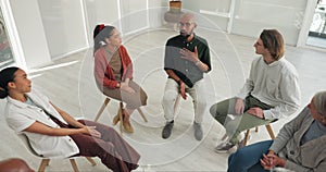 Therapy, group leader or circle of people listening, planning and attention in meeting, community support or psychology