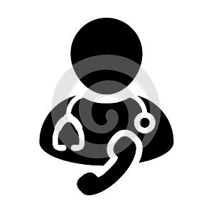 Therapy icon vector of male doctor person profile avatar symbol with stethoscope and phone for medical health care consultation
