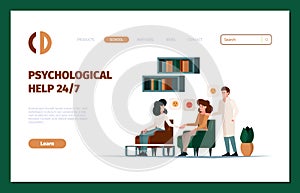 Therapy landing. Mental problem patients talking with doctor psychotherapy consultation garish vector web template with