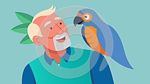 A therapy parrot perches on the shoulder of a resident imitating their laughter and chattering away providing a sense of photo