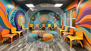 therapy room art, vibrant artwork decorates group therapy room walls, fostering a serene and inspirational space for photo