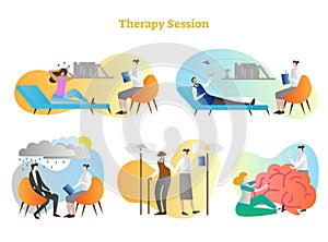 Therapy session vector illustration collection set. Anger, depression, stress and emotional problems help to resolve psychiatrist.