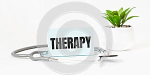THERAPY word on notebook,stethoscope and green plant