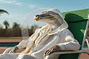 there is an alligator sitting in the lawn chair wearing a hood