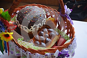 There is a basket with Easter eggs and a pie.