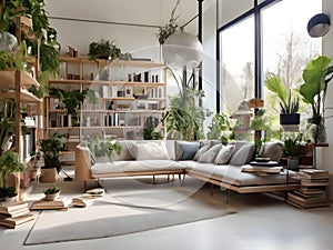 There is large living room with coaches, books and plants photo