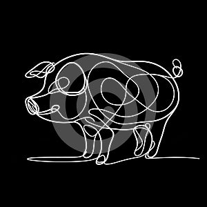 There is a black background with a line drawing of a white pig standing on it. The pig has a curly tail.