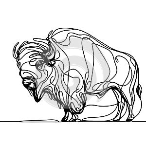 There is a black and white illustration of a bison, which is depicted standing against a white backdrop.