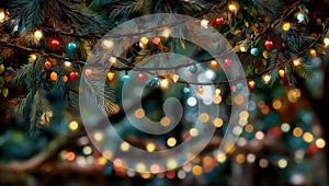 There is a blurry image showcasing a forest adorned with Christmas lights