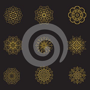 There is a bundling of mandala logotype icon vector design bundle with specially gold color, it can use as logotype or design deco